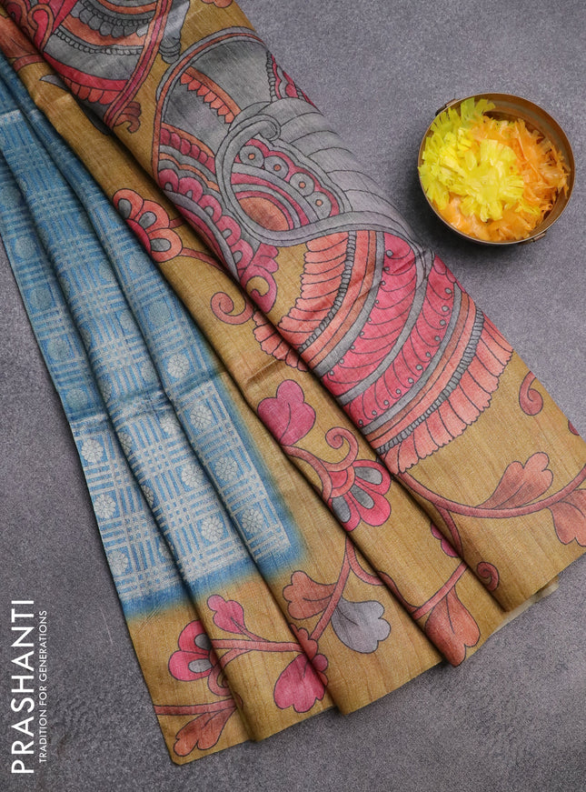 Semi jute silk saree bluish grey and mustard yellow with allover zari woven brocade weaves and kalamkari printed pallu