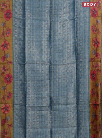 Semi jute silk saree bluish grey and mustard yellow with allover zari woven brocade weaves and kalamkari printed pallu