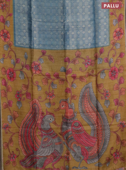 Semi jute silk saree bluish grey and mustard yellow with allover zari woven brocade weaves and kalamkari printed pallu
