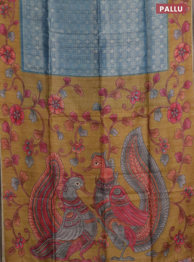 Semi jute silk saree bluish grey and mustard yellow with allover zari woven brocade weaves and kalamkari printed pallu