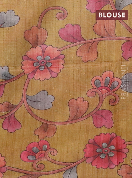 Semi jute silk saree bluish grey and mustard yellow with allover zari woven brocade weaves and kalamkari printed pallu