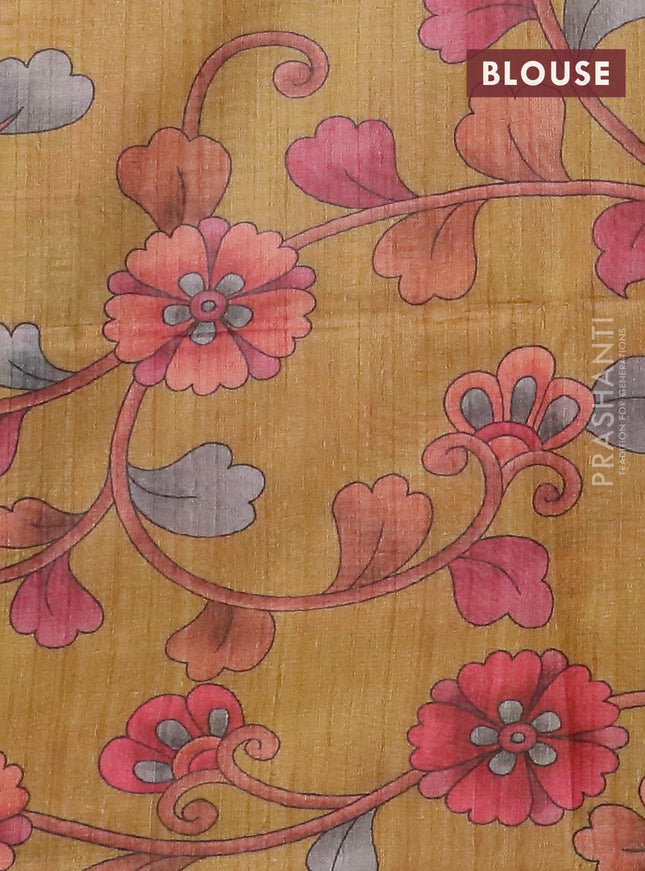 Semi jute silk saree bluish grey and mustard yellow with allover zari woven brocade weaves and kalamkari printed pallu