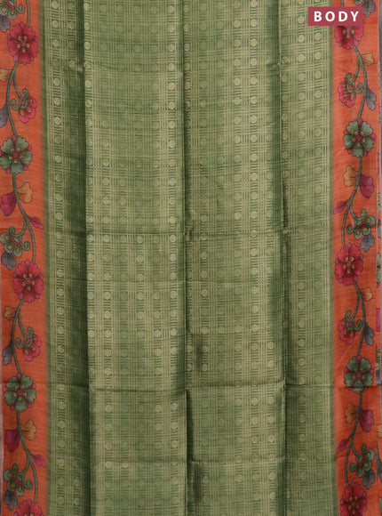 Semi jute silk saree green and orange with allover zari woven brocade weaves and kalamkari printed pallu