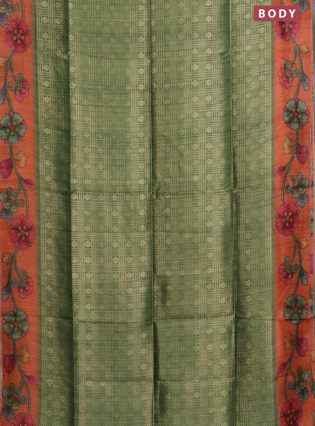 Semi jute silk saree green and orange with allover zari woven brocade weaves and kalamkari printed pallu