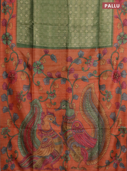 Semi jute silk saree green and orange with allover zari woven brocade weaves and kalamkari printed pallu
