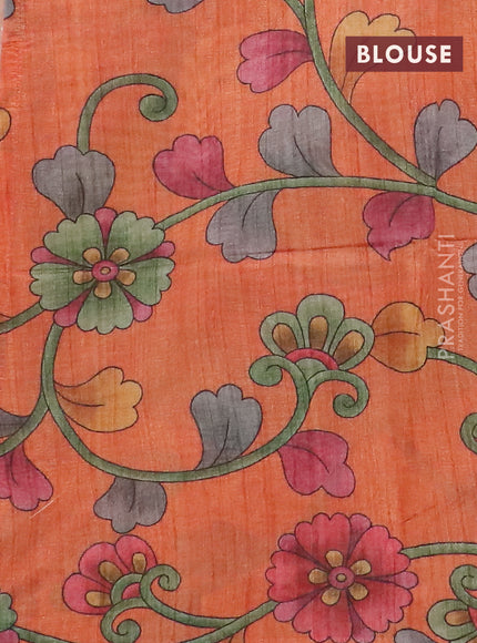 Semi jute silk saree green and orange with allover zari woven brocade weaves and kalamkari printed pallu