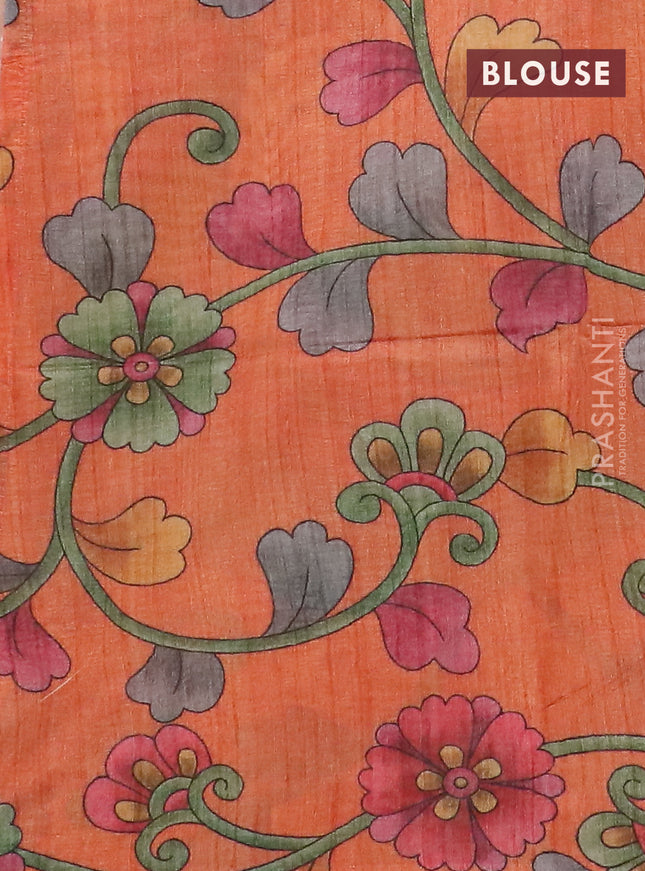 Semi jute silk saree green and orange with allover zari woven brocade weaves and kalamkari printed pallu