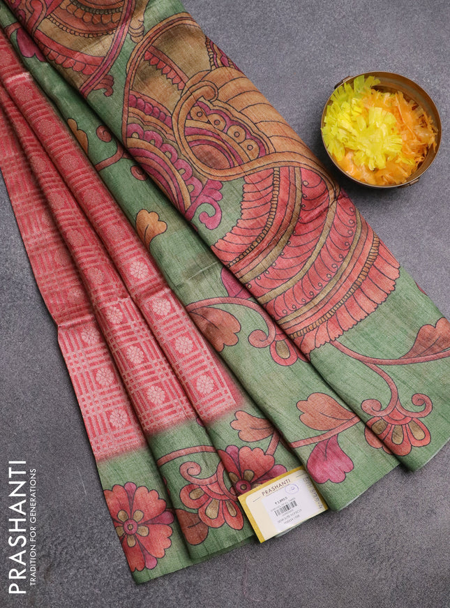 Semi jute silk saree pastel maroon and green with allover zari woven brocade weaves and kalamkari printed pallu