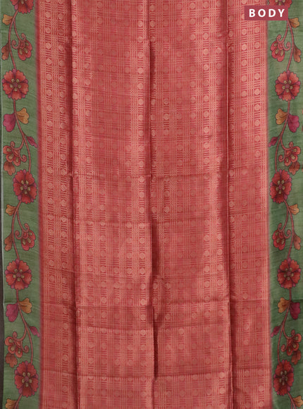 Semi jute silk saree pastel maroon and green with allover zari woven brocade weaves and kalamkari printed pallu