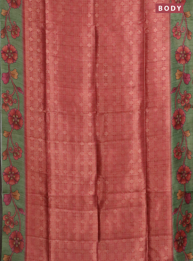 Semi jute silk saree pastel maroon and green with allover zari woven brocade weaves and kalamkari printed pallu