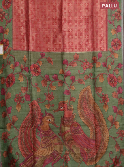 Semi jute silk saree pastel maroon and green with allover zari woven brocade weaves and kalamkari printed pallu