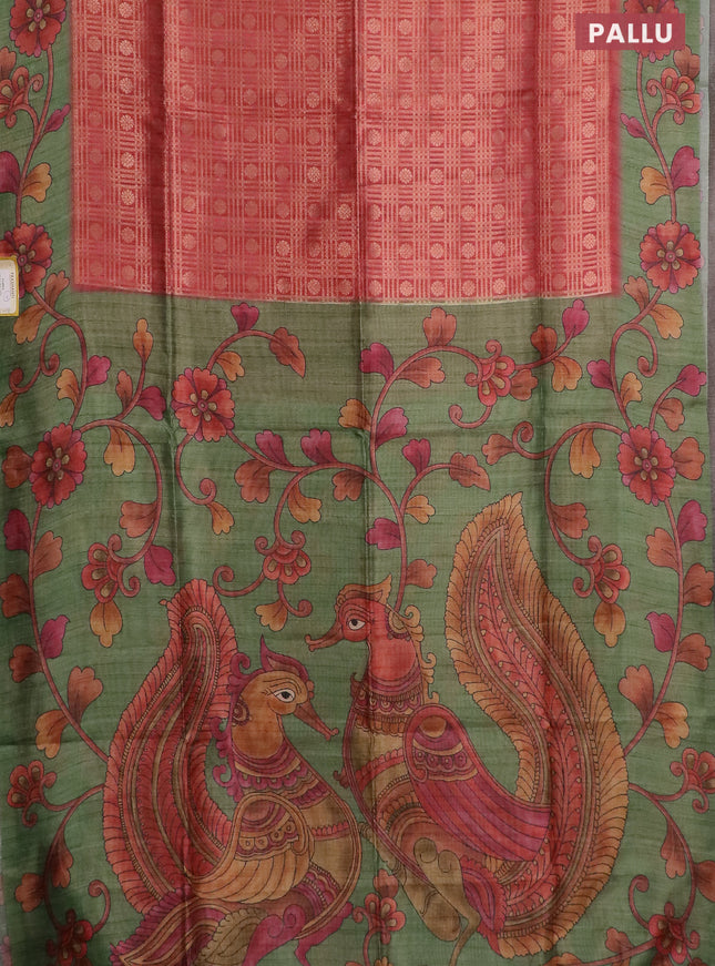 Semi jute silk saree pastel maroon and green with allover zari woven brocade weaves and kalamkari printed pallu
