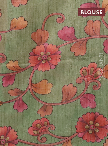 Semi jute silk saree pastel maroon and green with allover zari woven brocade weaves and kalamkari printed pallu