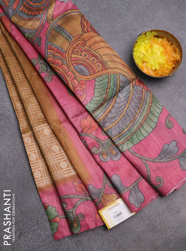 Semi jute silk saree dark mustard and pink with allover zari woven brocade weaves and kalamkari printed pallu