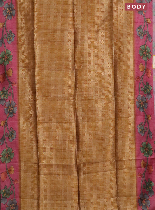 Semi jute silk saree dark mustard and pink with allover zari woven brocade weaves and kalamkari printed pallu