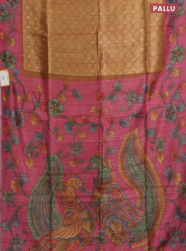 Semi jute silk saree dark mustard and pink with allover zari woven brocade weaves and kalamkari printed pallu