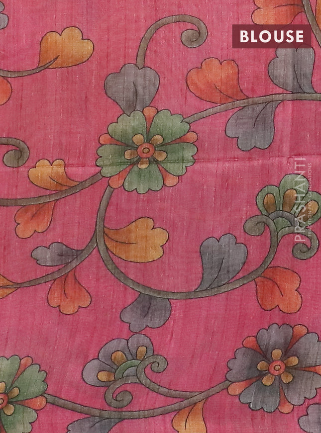 Semi jute silk saree dark mustard and pink with allover zari woven brocade weaves and kalamkari printed pallu