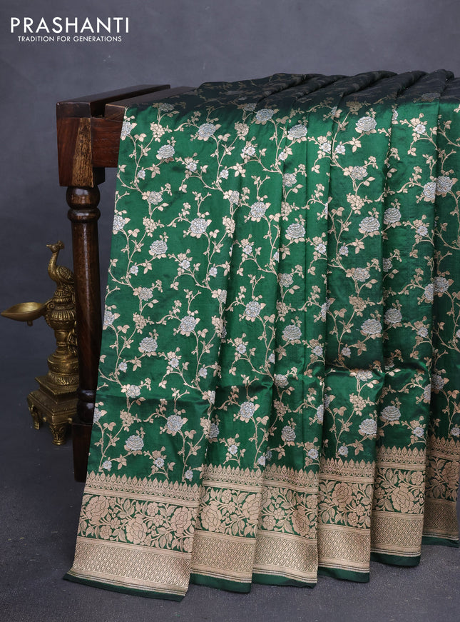 Banarasi uppada silk saree green with allover silver & gold zari woven floral weaves and zari woven border