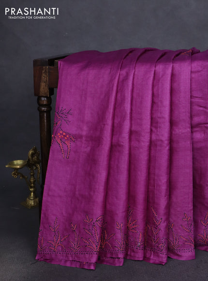 Pure tussar silk saree purple with kantha work buttas and kantha stitch work pallu