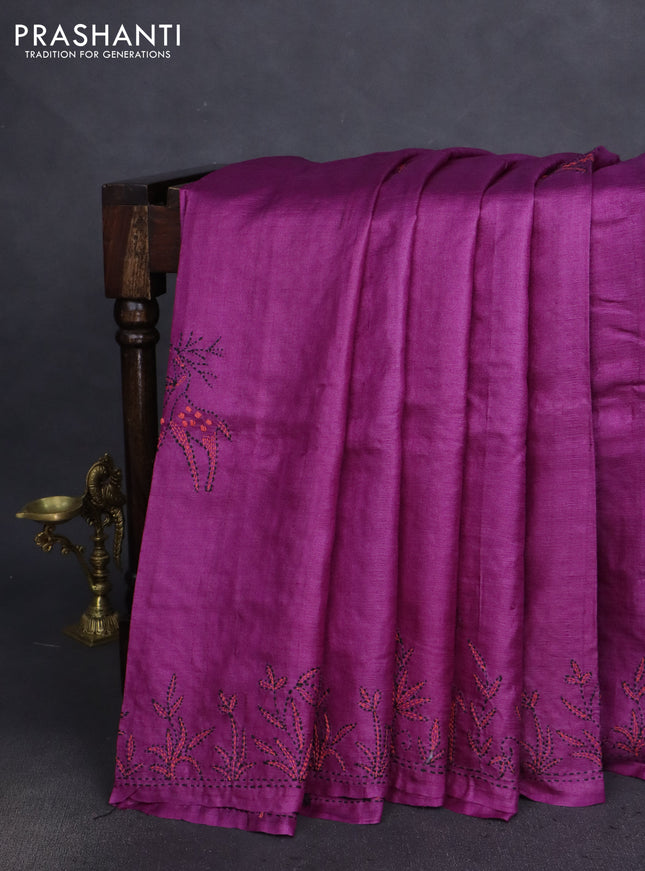 Pure tussar silk saree purple with kantha work buttas and kantha stitch work pallu