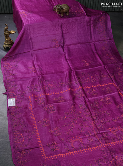 Pure tussar silk saree purple with kantha work buttas and kantha stitch work pallu