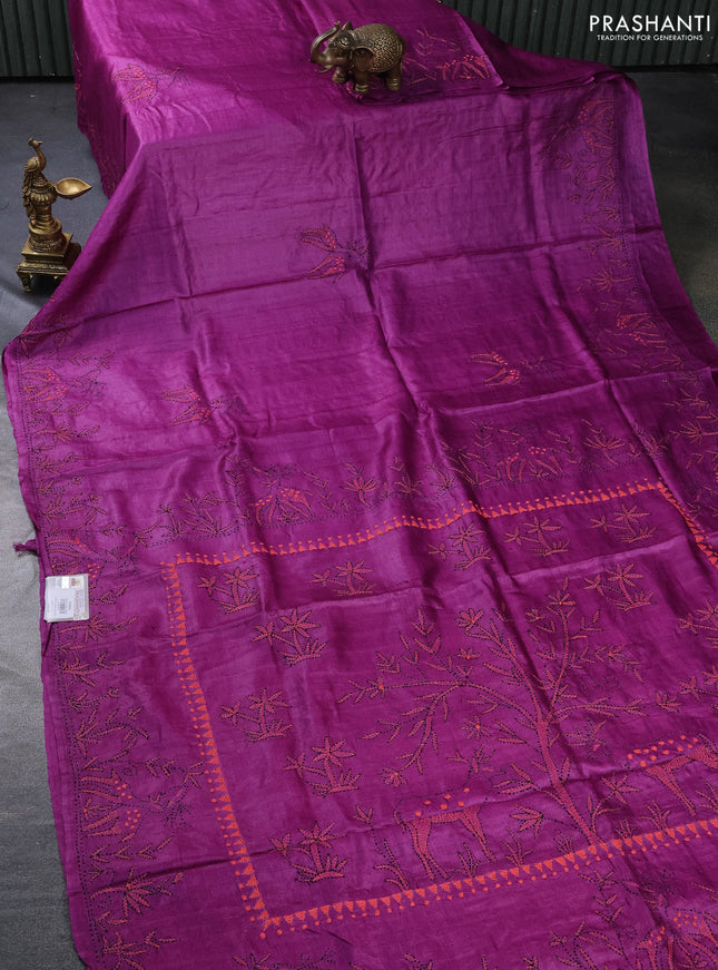 Pure tussar silk saree purple with kantha work buttas and kantha stitch work pallu