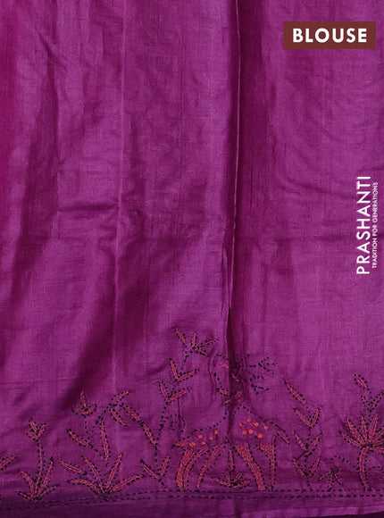Pure tussar silk saree purple with kantha work buttas and kantha stitch work pallu