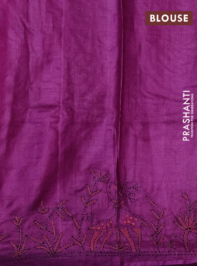 Pure tussar silk saree purple with kantha work buttas and kantha stitch work pallu