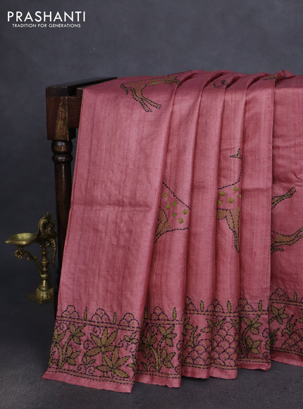 Pure tussar silk saree pastel peach with kantha work buttas and kantha stitch work pallu