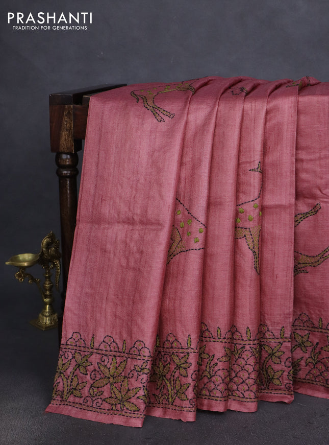 Pure tussar silk saree pastel peach with kantha work buttas and kantha stitch work pallu