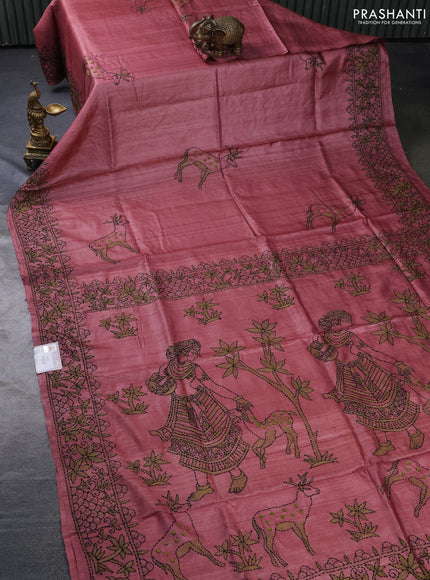 Pure tussar silk saree pastel peach with kantha work buttas and kantha stitch work pallu
