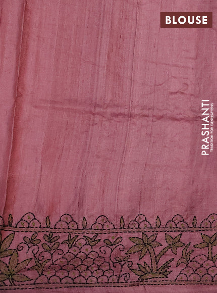 Pure tussar silk saree pastel peach with kantha work buttas and kantha stitch work pallu