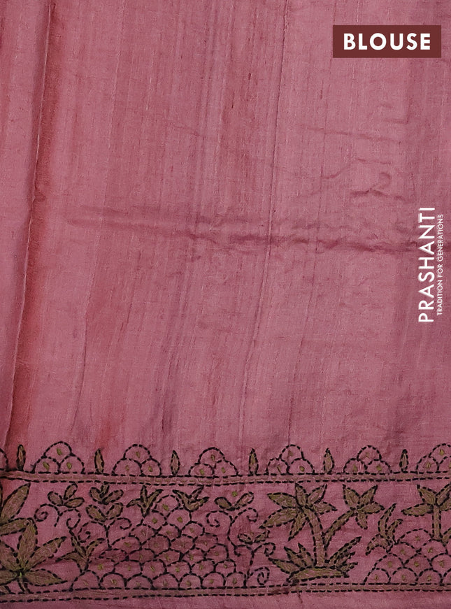 Pure tussar silk saree pastel peach with kantha work buttas and kantha stitch work pallu