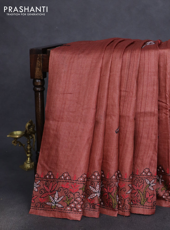 Pure tussar silk saree pastel brown with kantha work buttas and kantha stitch work pallu