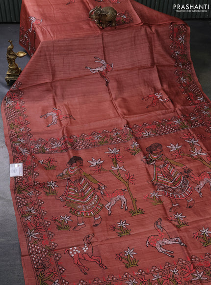 Pure tussar silk saree pastel brown with kantha work buttas and kantha stitch work pallu