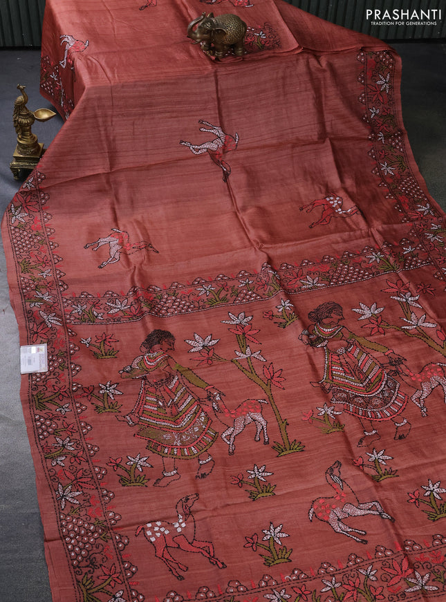 Pure tussar silk saree pastel brown with kantha work buttas and kantha stitch work pallu
