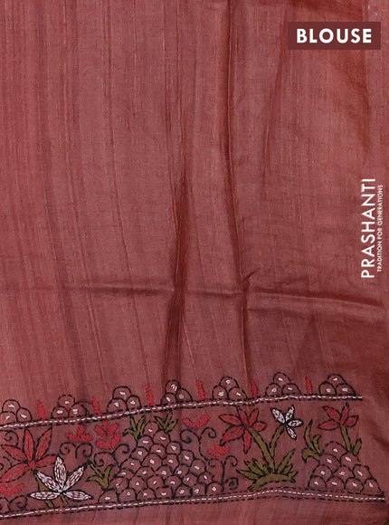 Pure tussar silk saree pastel brown with kantha work buttas and kantha stitch work pallu