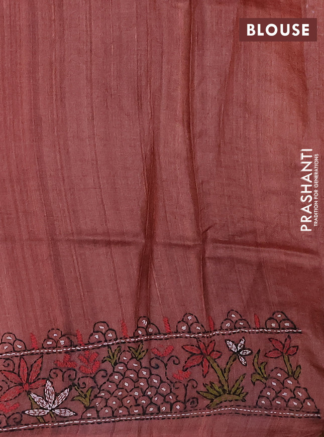 Pure tussar silk saree pastel brown with kantha work buttas and kantha stitch work pallu