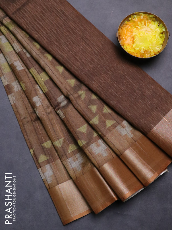 Semi matka saree brown shade and yellow with allover ikat prints and zari woven border