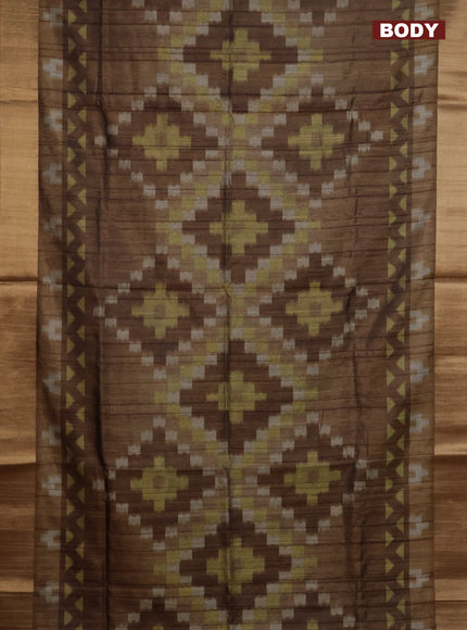 Semi matka saree brown shade and yellow with allover ikat prints and zari woven border