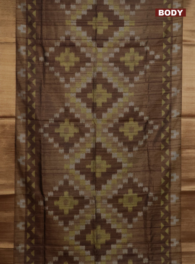 Semi matka saree brown shade and yellow with allover ikat prints and zari woven border