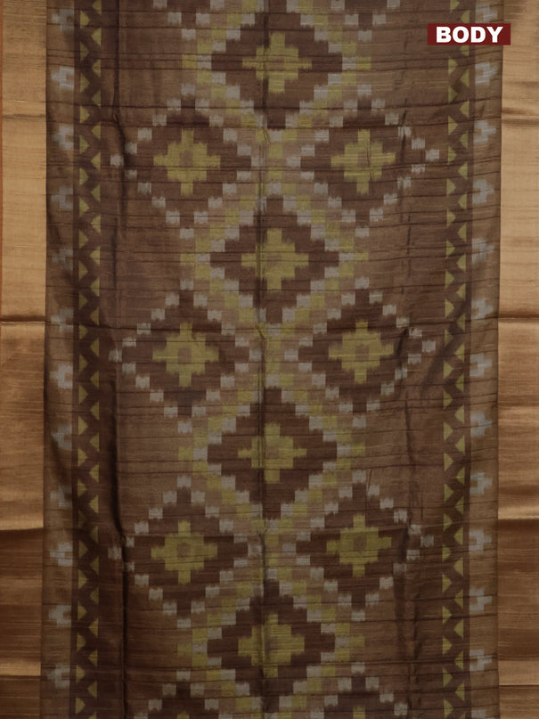 Semi matka saree brown shade and yellow with allover ikat prints and zari woven border