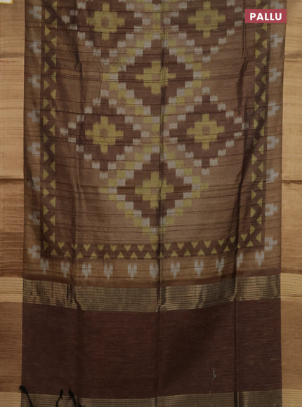 Semi matka saree brown shade and yellow with allover ikat prints and zari woven border