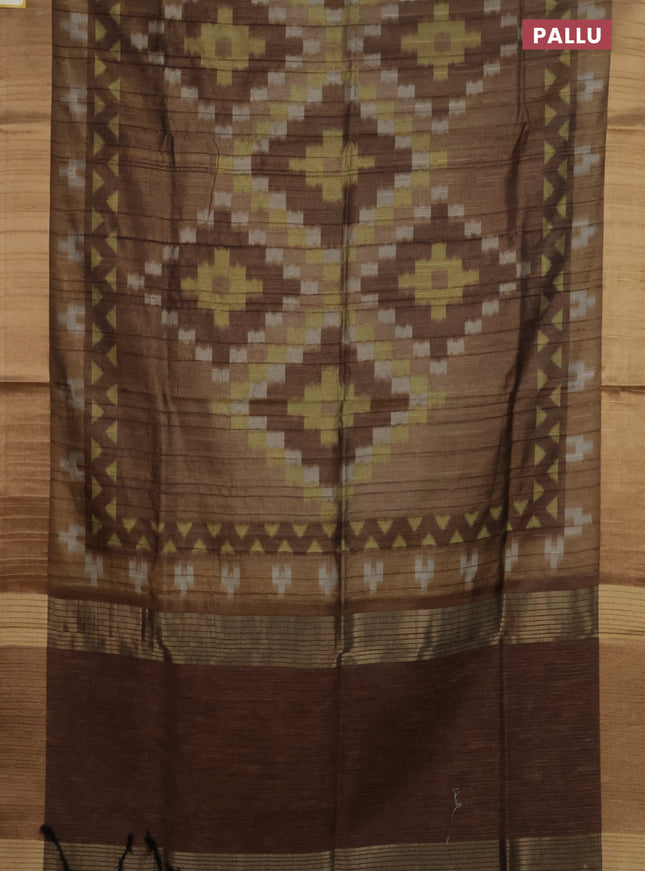 Semi matka saree brown shade and yellow with allover ikat prints and zari woven border