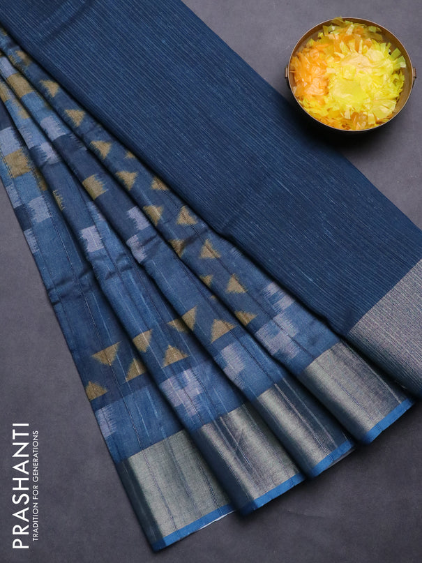 Semi matka saree dark peacock blue with allover ikat prints and zari woven border