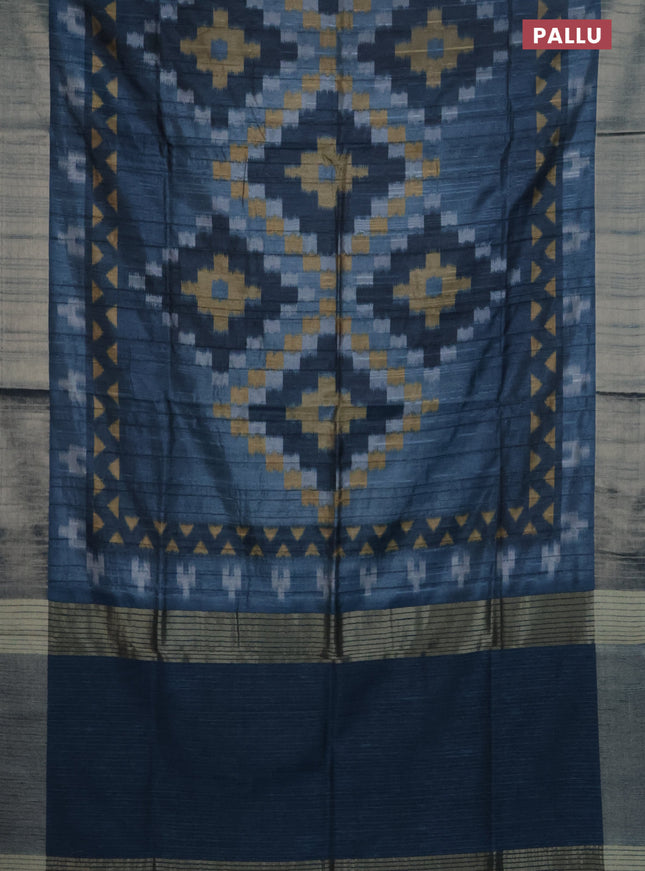 Semi matka saree dark peacock blue with allover ikat prints and zari woven border