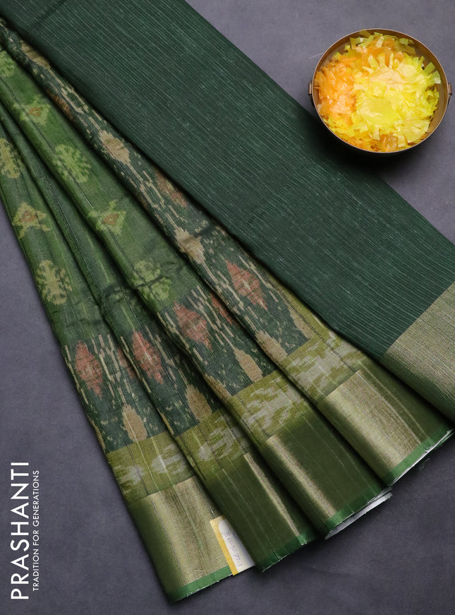 Semi matka saree green and lime green with allover ikat buttas and zari woven border