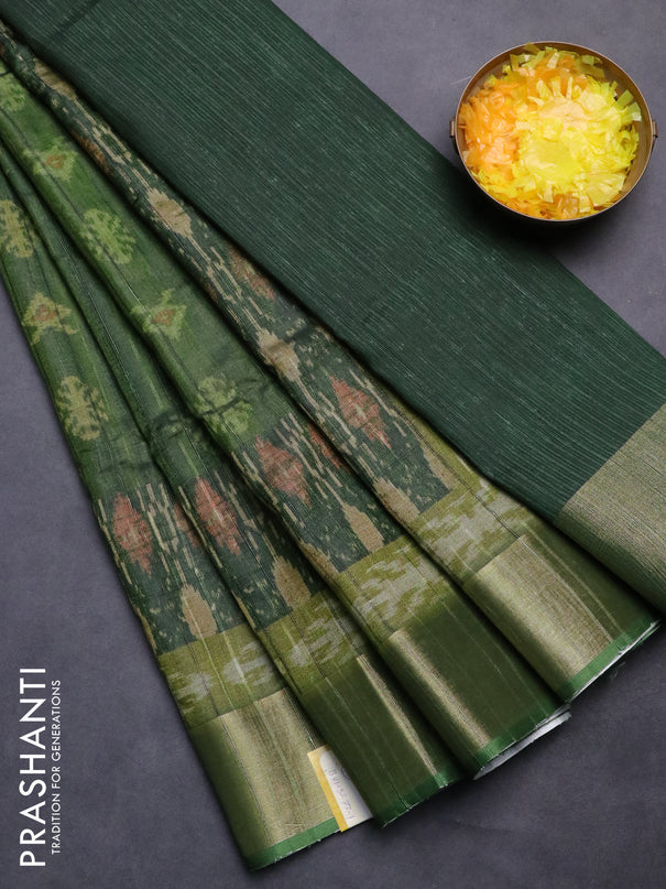 Semi matka saree green and lime green with allover ikat buttas and zari woven border