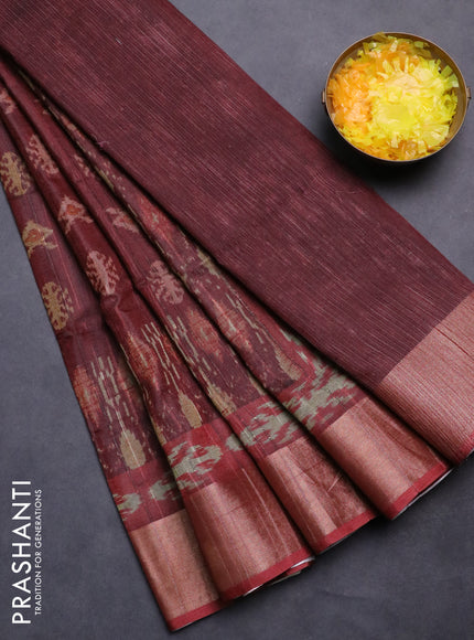 Semi matka saree deep maroon with allover ikat buttas and zari woven border