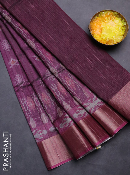 Semi matka saree dark magenat pink with allover ikat prints and zari woven border